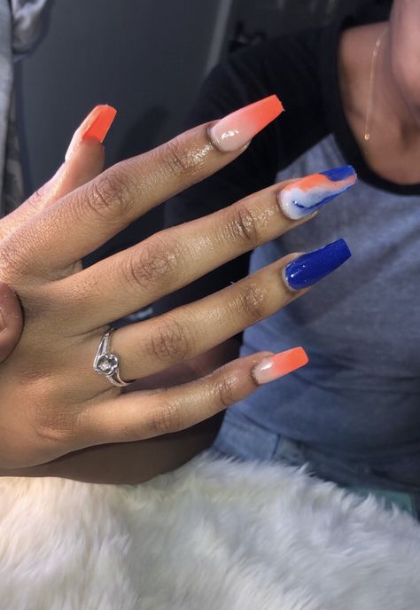 Orange And Blue Acrylic Nails Designs, Navy Blue And Orange Nail Designs, Orange And Royal Blue Nails, Royal Blue And Orange Nails, Navy Blue And Orange Nails, Navy And Orange Nails, Orange Blue Nails, Blue And Orange Nails Designs, Orange And Blue Nails