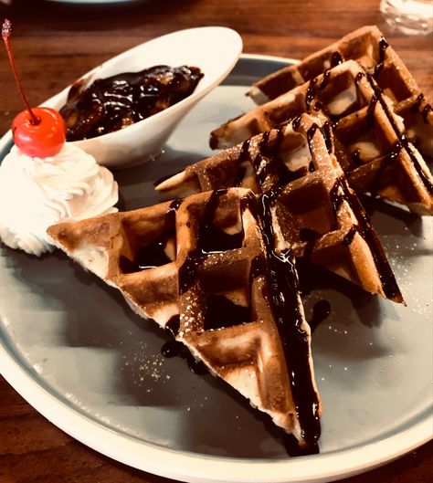 Waffle Plating, Waffles Photography, Cherry Chocolate, Food Presentation, Food Plating, Waffles, Presentation, Cherry, Plating