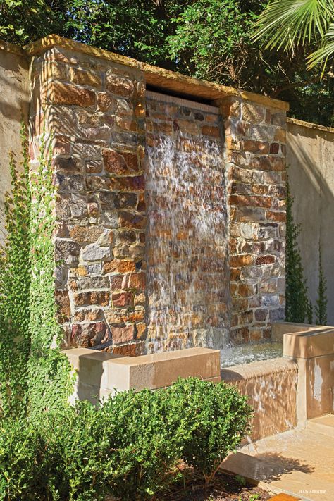 Garden Presence Tall Water Features In The Garden, Stacked Stone Water Feature, Outdoor Kitchen Patio Ideas Backyards, Waterfalls Backyard Water Walls, Wall Fountains Backyard, Backyard Water Feature Ideas, Water Feature Ideas, Stone Waterfall, Fountain Wall