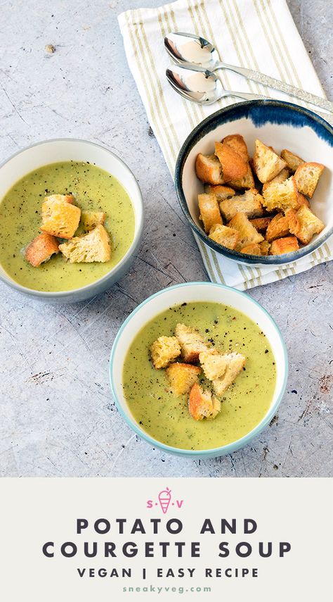 A deliciously creamy potato and courgette soup that makes a delicious summer lunch or starter. Easy to make and suitable for vegans. #soup #courgette #zucchini #courgettesoup #summersoup Healthy Courgette Recipe, Vegan Courgette Recipe, Courgette Soup Recipe, Soup For Kids, Courgette Recipe, Allotment Recipes, June Recipes, Courgette Soup, Courgette Recipes