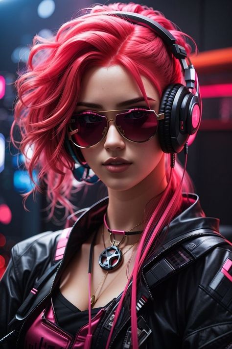 Digital Art Dj Girl, 8k Wallpaper, 4k Wallpaper, Girl Wallpaper, Red Hair, Headphones, Neon, Sunglasses