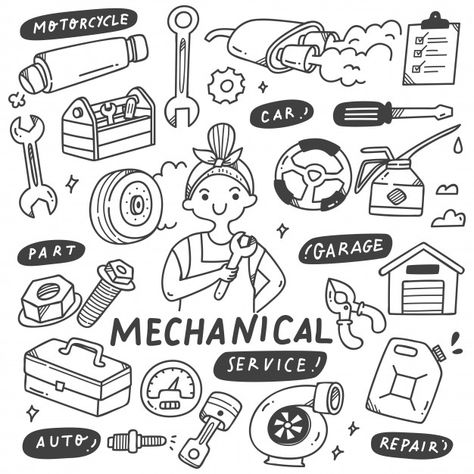 Car Doodle Art, Mechanic Tools Drawing, Mechanic Drawing, Mechanic Illustration, Car Doodles, Car Doodle, Tool Illustration, Mechanic Art, Tools Illustration