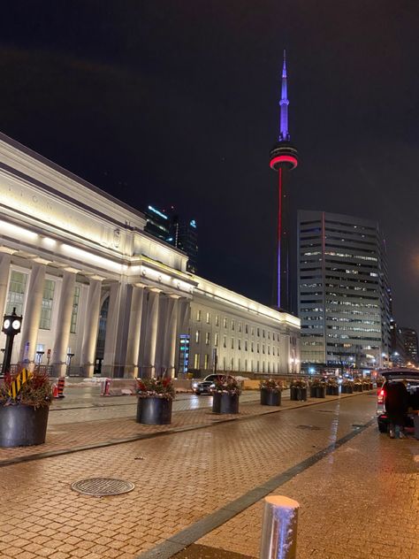 5AM on front st. CN Tower lit up 🇨🇦 Tower Light, Toronto Ontario Canada, Union Station, Toronto Ontario, Ontario Canada, Cn Tower, Ontario, Light Up, Toronto