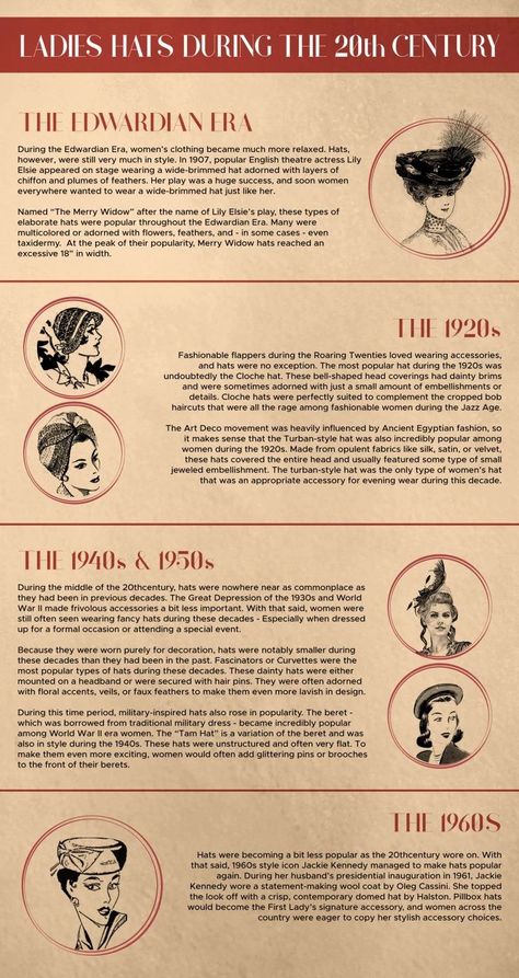 Adorning your look with a fabulous hat is still one of the easiest ways to make an ordinary outfit come alive. It doesn’t matter if you’re looking to create an authentic vintage-inspired look or just want to add some old-fashioned elegance into your accessories - here is a brief history of women's hats and how they have changed throughout the centuries... Lily Elsie, Popular Hats, Ladies Hats, Types Of Hats, Victorian Dolls, Turban Style, Fancy Hats, Doll Hat, Victorian Women