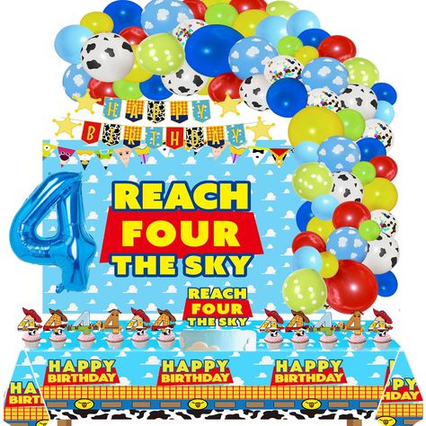 PRICES MAY VARY. You will get: 1 pack balloon arch kits ,1 pack happy birthday banner,1 pack garland,1*5x3ft backdrop, 1*cake topper ,30pcs cupcake topper,1ps 32in number 4 balloon and 1*86.6x51.2in tablecloth. Suit for : Cartoon Story 4th Birthday Party Supplies Reach Four The Sky Birthday Decorations include Balloon Arch kits Backdrop Banner Cake Cupcake Toppers Tablecloth for Boys Girls 4th Bday Decor You had better buy a Balloon pump by yourself for a quicky inflating these balloons .This Cu 4th Bday Theme Boy, Reach Four The Sky Birthday Toy Story, Four Birthday Party Ideas Boy, Boy 4th Birthday Party Themes, Reach Four The Sky Birthday, Four Birthday Party Ideas, 4th Birthday Party For Boys Theme, Toy Story 4th Birthday, Toddler Valentine Outfits