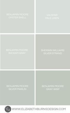 Elizabeth Burns Design - Benjamin Moore Oyster Shell, Valspar Pale Linen, Benjamin Moore Wickam Gray, Sherwin Williams Silver Strand, Benjamin Moore Silver Marlin, Benjamin Moore Gray Whisp Sherwin Williams Silver Strand, Grey Laundry Rooms, Benjamin Moore Gray, Interior Paint Colors Schemes, Blue Green Paints, Greige Paint Colors, Greige Paint, Paint Color Schemes, Neutral Paint Colors