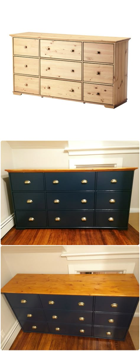 Love this dresser for the boys room!  Hurdal 9 drawer dresser painted in Farrow & Ball Hague Blue, with Ikea brand brushed gold pulls, hand planed and stained top Ikea Hurdal, Farrow Ball Hague Blue, Dresser Ikea, Dresser Paint, Stained Dresser, Dresser Hack, Gold Pulls, Navy Paint, Dresser Painted