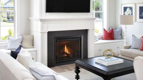 I like the fireplace between two windows with window seats. Could possibly do this by adding extra window. Indoor Gas Fireplace Ideas, Fireplace Between Two Windows, Traditional Gas Fireplace, Gas Fireplace Ideas, Indoor Gas Fireplace, Luxury Fireplace, Fireplace Heat, Fireplace Fronts, Fire Pit Art