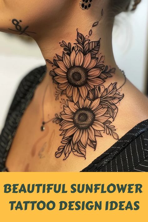 Sunflower Shoulder Tattoos For Women, Sunflower Chest Tattoo, Sunflower Neck Tattoo, Sunflower Tattoo Design For Women, Sun And Sunflower Tattoo, Sunflower Thigh Tattoo, Half Sunflower Tattoo, Sunflower Back Tattoo, Sunflower Sleeve Tattoo