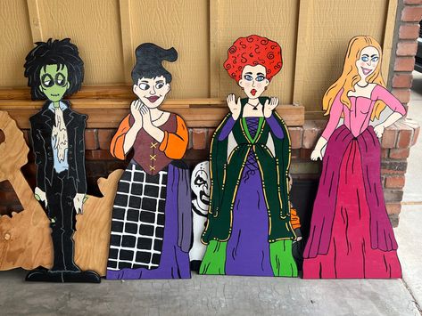 Sanderson sisters and Billy Halloween Wooden Cutouts, Sanderson Sisters Art, Sanderson Sisters Silhouette, Witches Faces, Sisters Silhouette, Hocus Pocus Sisters, Halloween Cubicle, Halloween People, Jigsaw Projects