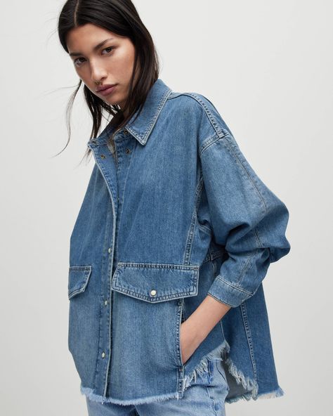 Hettie Oversized Denim Shacket Indigo Blue | ALLSAINTS Denim Shacket, Moda Denim, Indigo Blue, Oversized Shirt, Blue Shirt, Denim Shirt, Denim Fashion, Denim Women, Shirt Jacket