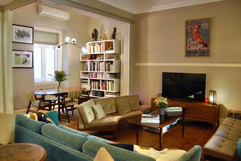 Arranging Furniture, Parisian Bedroom, Lisbon Apartment, 1970s House, Grey Couches, Gray Wall, Wooden Console, Gorgeous Houses, Table Tv