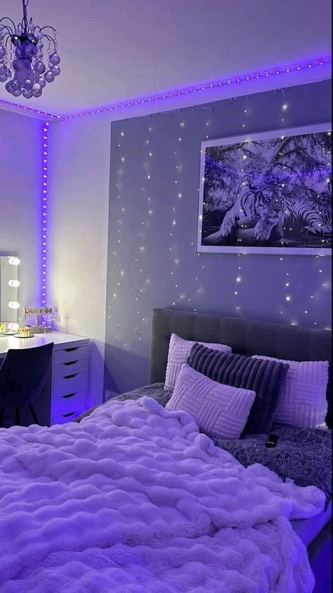 Chandelier Room Bedrooms, Dream Room Makeover, Cute Grey Room Ideas, Cute Room Inspo For Small Rooms, Light Grey Room Ideas, Room Inspo Lights, Grey And Light Blue Bedroom, Room Led Lights Aesthetic, Cute Room Inspiration