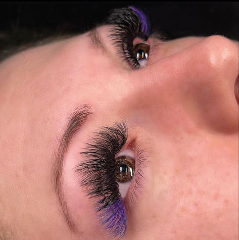 Textured lash extensions, purple and black lash extensions, volume lash extensions, open eyed lash extensions Lashes With Purple Ends, Lash Extensions With Purple, Lashes With Purple, Eyelashes With Color, Mega Volume Lash Extensions, Volume Lash Extensions, Black And Purple, Volume Lashes, Lash Artist