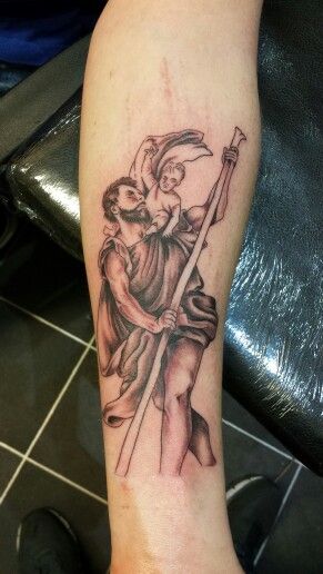 1st sitting on St Christopher by Tony@jestersink St Christopher Tattoo, Liam Tattoo, Religous Tattoo, Lighthouse Tattoo, Mushroom Tattoos, Tattoo Arm, St Christopher, Saint Christopher, Forearm Tattoos