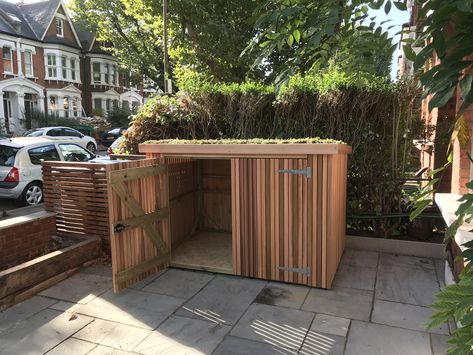 Classic shed for 4 bikes, clad in slatted cedar battens, sedum roof. Brighton Bike Sheds, Bike Storage Front Garden, Front Garden Fence, Garden Storage Ideas, Outdoor Bicycle Storage, Garden Bike Storage, Small Front Garden Ideas, Bicycle Storage Shed, Victorian Front Garden