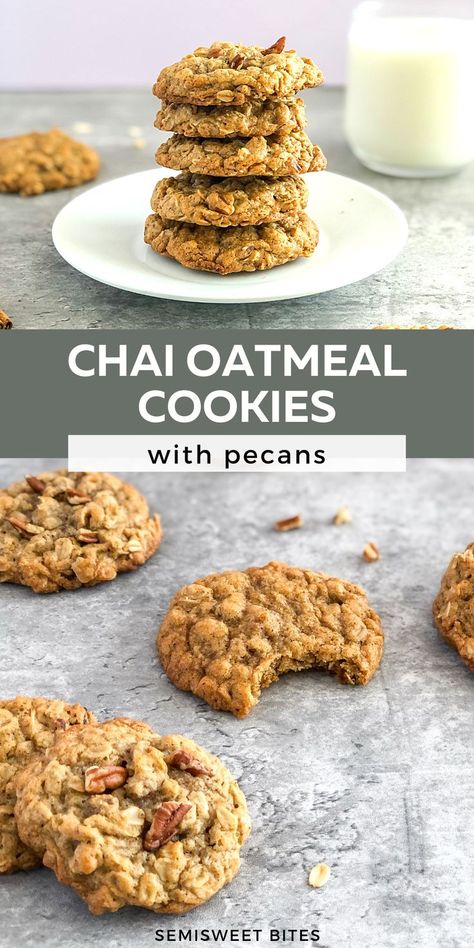 Oatmeal Chai Cookies, Chai Oatmeal Cookies, Easy Oatmeal Cookie Recipe, Oatmeal Pecan Cookies, Chai Oatmeal, Chewy Oatmeal Cookies Recipe, Cookies With Pecans, Oatmeal Cookies Recipes Easy, Spiced Oatmeal