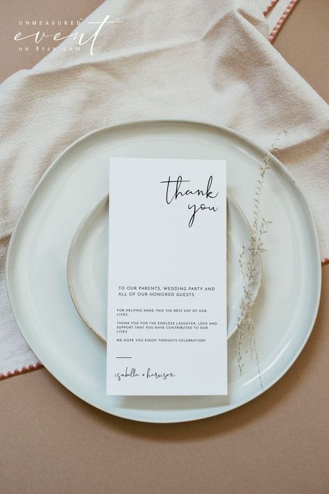 ADELLA Minimalist Wedding Table Thank You Card Template, Modern Wedding Thank You Card Printable, Instant Download Thank You Cards Minimal Printable Wedding Menu, Printable Menu, Wedding Menu Template, Modern Minimalist Wedding, Modern Minimalist Design, Wedding Menu Cards, Minimal Wedding, Wedding Table Decor, Thank You Card Template