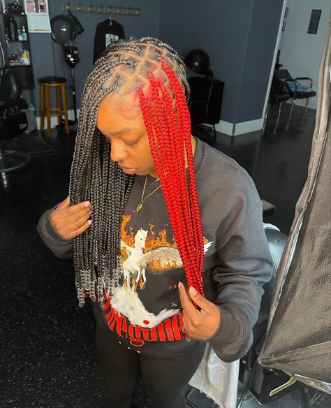 Red And Black Knotless Braids With Beads, Red And Black Box Braids With Beads, Red And Black Braids With Beads, Red Braids, Red Box Braids, Laid Edges, Cute Box Braids, Lil Girl Hairstyles, Peekaboo Hair