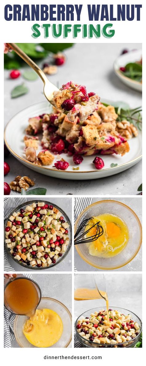 Cranberry Walnut Stuffing is an easy dish with tart flavor from cranberries, a nice crunch from the nuts, and savory herbs. Try it today! Cranberry Stuffing Recipes, Walnut Stuffing, Cranberry Stuffing, Slow Cooker Appetizers, Thanksgiving Foods, Apple Sausage, Roasted Cabbage, Dessert Cookbooks, Savory Herb