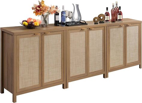 Amazon.com - SICOTAS Rattan Sideboard Buffet Credenza Cabinet - 2 Pieces Large Farmhouse Kitchen Coffee Bar Cabinet with Rattan Storage - Boho Wood Chest Storage Cabinet for Entryway Living Room - Oak - Buffets & Sideboards Farmhouse Kitchen Storage Cabinets, Buffet Coffee Bar, Rattan Credenza, Black Buffet Sideboard, Liquor Storage Cabinet, Storage Rattan, Credenza Cabinet, Decorated Doors, Farmhouse Kitchen Storage