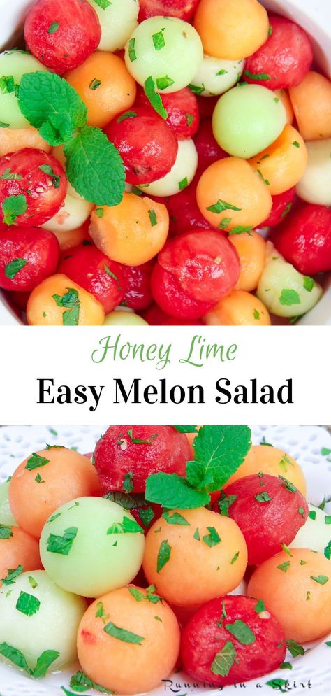 Watermelon Mint Salad Summer, Melon Mint Salad, Watermelon And Cantelope Salad, Watermelon Cantaloupe Honeydew, Melon Salad Recipes, Fruit Salad With Cantaloupe, Cantaloupe Salad Recipes, Potluck Fruit Ideas, Melon Fruit Salad