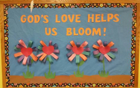 "God's love helps us bloom"  Spring flowers church preschool bulletin board Art Projects For Kids Preschool, Christian School Bulletin Boards, Bulletin Boards Ideas, Catholic Bulletin Boards, Religious Bulletin Boards, Bible Bulletin Boards, Easter Bulletin Boards, March Bulletin Board, Bulletin Ideas