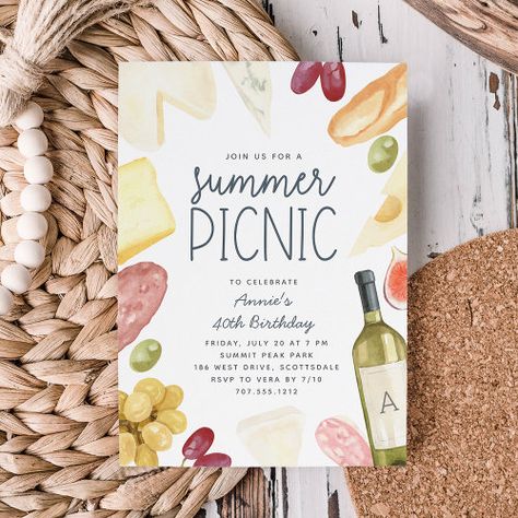 Charcuterie Wine & Cheese Summer Picnic for $2.92 - Birthday Invitations Picnic For 2, Summer Charcuterie, Summer Picnic Party, Picnic Invitations, Bday Party Invitations, 92nd Birthday, Summer Invitation, Picnic Birthday Party, Birthday Menu