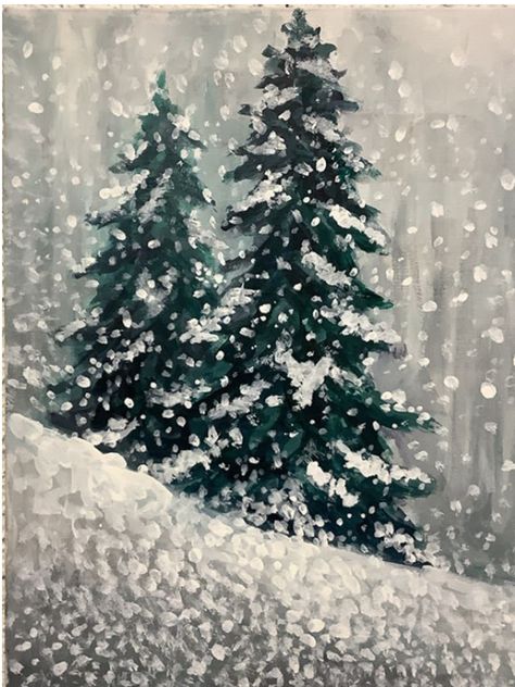 Snow On Trees Painting, Christmas Tree Paintings Acrylics, Snow Trees Painting, Winter Painting On Canvas, Winter Tree Painting Acrylic, Acrylic Snow Painting, Painted Winter Scenes, Winter Sky Painting, Easy Winter Painting Ideas