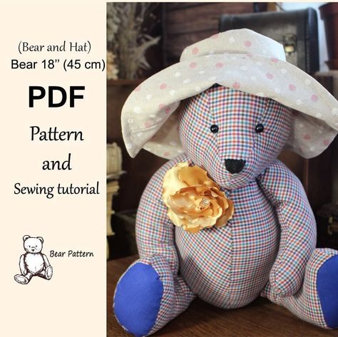 Bear in a hat. PDF Pattern Floppy Bucket Hat + Instructions. Bear PDF pattern free. Memorial Bear Pattern, EASY, Memory Bear, Sewing Bear Pattern, For Sewing, Pattern PDF Bear, Memory Bear Pattern, Vintage Bear. Teddy bear pattern of memory bear. The bear is height approx. 18".  This is an INSTANT DOWNLOAD PDF Pattern. After the purchase, you will automatically receive an email from Etsy with a link to download the PDF file. I don't mind if you sell toys made in my image, but it is forbidden to Sewing Bear, Memory Animals, Bear Patterns Sewing, Teddy Bear Patterns Free, Memory Bears Pattern, Keepsake Bear, Memory Bears, Memory Shirts, Bear Teddy