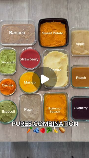 Eugenie🤍 on Instagram: "PART THREE: Here are all the homemade puree combinations my baby loves 🥦🍌🫐🥕🍓 I added the full list of combinations and shopping list at the end of the video✨ #babypuree #babypurees #puree #babyfood #babyeating #instababy #momlife #motherhood #instamom #fyp #fypシ #fypage" Baby Food Puree Recipes, Puree Combinations, Baby Purees, Baby Food 8 Months, Puree Recipes, Baby Food Combinations, Squash Puree, Sweet Potato And Apple, Baby First Foods