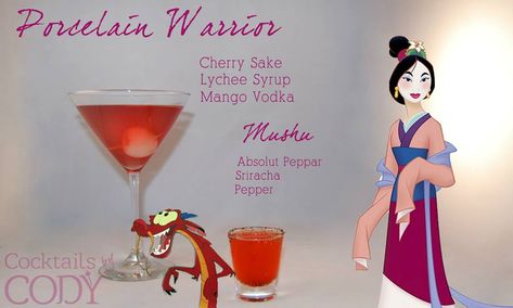 Disney-themed Cocktails by Cody - Mulan and Mushu (Mulan).  Description from his Facebook: In a clashing pair of drinks, I bring you Mulan and Mushu. Mulan's 'Porcelain Warrior' is a cherry sake based cocktail with a sweet mango & Lychee berry finish. While Mushu, being a dragon, I decided to make a damn spicy shot. A mix of Absolut Peppar and Sriracha rimmed with black pepper gives quite the kick. Disney Themed Drinks, Disney Princess Cocktails, Mango Vodka, Disney Inspired Cocktails, Disney Cocktails, Disney Drinks, Themed Drinks, Alcohol Drink Recipes, Drinks Alcohol Recipes