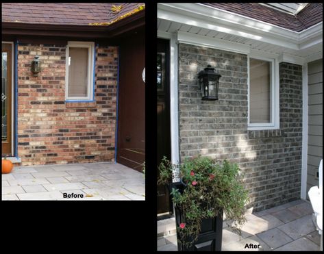 Brown Brick House Exterior, Stained Brick Exterior, Brick Staining, Brown Brick Houses, Brick House Exterior Makeover, Stained Brick, Flip Houses, Brick Fireplaces, Ranch House Exterior