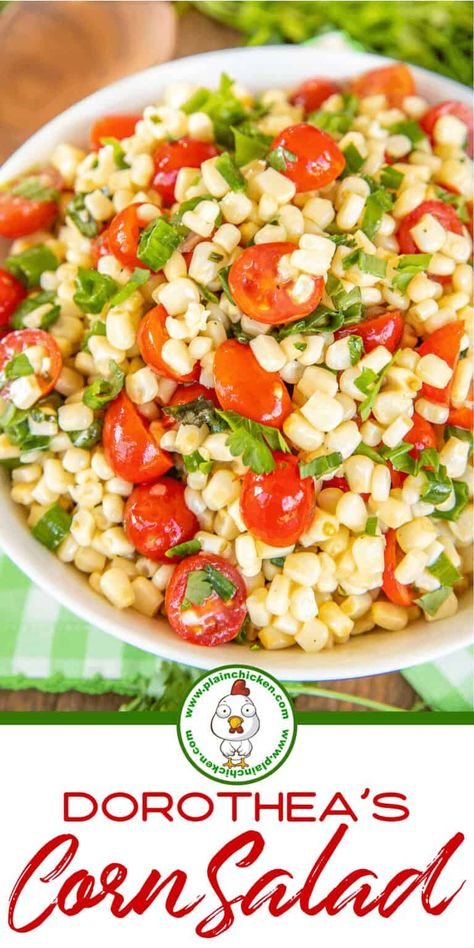 Dorothea's Corn Salad - the perfect summer side dish! Recipe from Reese Witherspoon's Grandmother. Corn, tomatoes, green onions, fresh herbs tossed in a homemade dressing made with white wine vinegar, lime juice, Dijon mustard, salt, pepper, honey, shallot, and olive oil. Can make in advance and refrigerate for later. Great for all your summer potlucks! #potluck #corn #salad #sidedish Corn And Tomatoes Side Dish, Beach Cookout, Corn And Tomato Salad, Tomato Side Dishes, Teriyaki Pork Tenderloin, Crock Pot Baked Potatoes, Corn Salad Recipe, Classic Potato Salad, Pecan Chicken