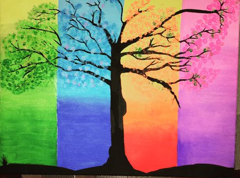 Why can’t have all 4 seasons in one painting? 4 Seasons Watercolor Painting, 4 Seasons Acrylic Painting, Four Seasons Painting Easy, 4 Season Tree Art, Four Seasons Painting Trees, Contrast Art, Winter Drawings, Watercolor Paintings For Beginners, Chalk Drawings