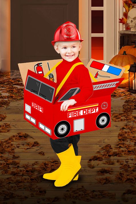 Fire truck stickers box Halloween costume Box Fire Truck, Fire Truck Costume, Truck Costume, Competitions For Kids, Quick Costumes, Easy Halloween Costume, Stickers Easy, Truck Boxes, Truck Stickers