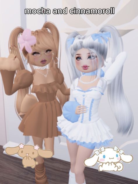 Dress to impress sanrio fits duo Lolíta Dress To Impress Duo, Cinnamoroll Dress To Impress, Dti Duo Idea, Dress To Impress Duos Theme, Sanrio Dress To Impress, Dti Outfits Duo, Mocha And Cinnamoroll, Duos Dress To Impress, Dress To Impress Duo Outfits