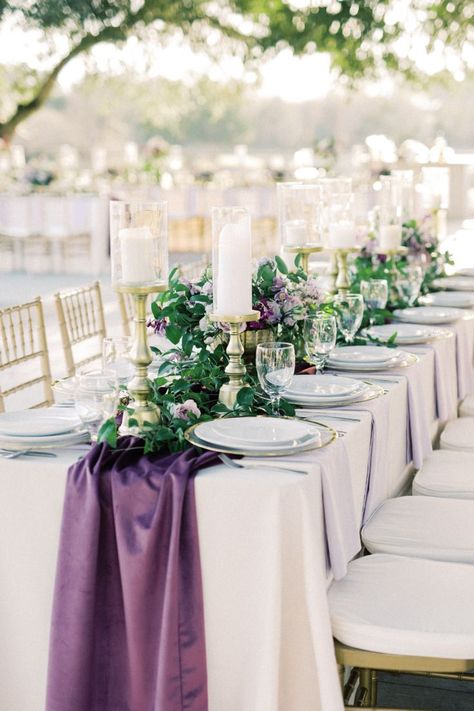 Purple Greenery Wedding, Purple Runner Wedding Table, Beach Wedding Purple Theme, Purple Western Wedding, Lavender And Emerald Green Wedding, Emerald And Purple Wedding, Dark Purple Wedding Ideas, Dark Green And Purple Wedding, Amethyst Wedding Theme