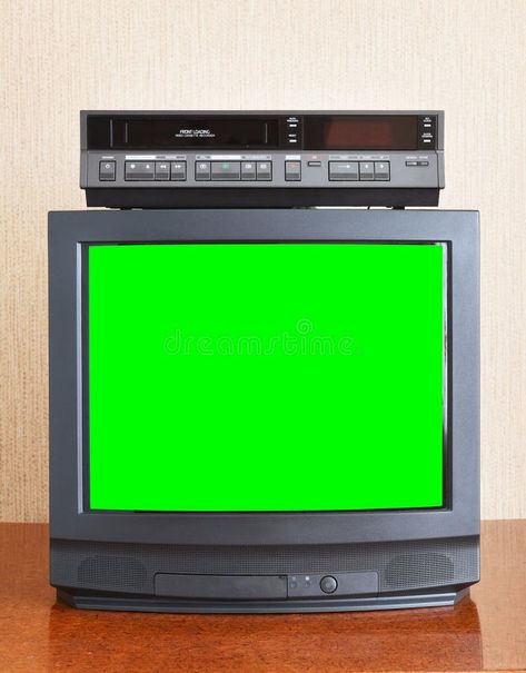 Old black vintage green screen TV from 1980s 1990s 2000s for adding new images to the screen, VCR in the background of wallpaper. royalty free stock Classic Home, New Images, Tv Room, Green Screen, Black Vintage, Of Wallpaper, Screen Tv, Photo Image, Royalty