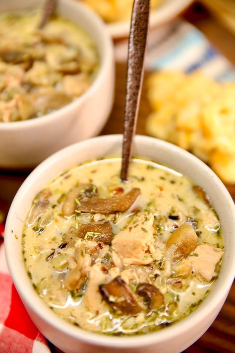 Creamy Chicken Wild Rice Soup with mushrooms is a hearty soup that is warm, filling and so delicious. Great for busy weeknights, this soup can be prepared in under an hour. Wild Rice Soup With Mushrooms, Turkey Wild Rice Soup, Magnolia Table Recipes, Turkey Rice Soup, Joanna Gaines Recipes, Chicken And Wild Rice Soup, Wild Rice Soup Recipes, Chicken Wild Rice, Chicken Wild Rice Soup