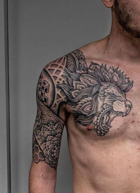 Explore Top Shoulder Tattoo Ideas for Men - Unleash Your Style with Ink Lion Half Chest Tattoo, Shoulder To Chest Tattoo For Men, Justin Tattoo, Top Of Shoulder Tattoo, Art Personality, Tato Mandala, Tattoo Artist Tattoo, Quarter Sleeve Tattoos, Geometric Sleeve Tattoo