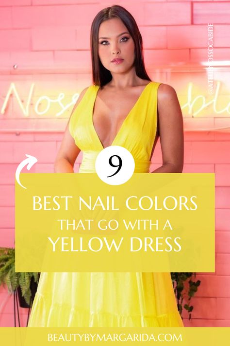 Not sure what nail color goes with a yellow dress? Here you'll find the best nail polish colors to wear with yellow dresses, whether for a wedding or a laid-back party! Dress: Ateliê Nosso Cabide Nail For Yellow Dress, What Color Nails With Yellow Dress, Nail Color With Yellow Dress, Styling A Yellow Dress, Nails To Go With A Yellow Dress, Yellow Dress Accessories Wedding, Yellow Dress Accessories Jewellery, Nails For A Yellow Dress, Yellow Dress Nails