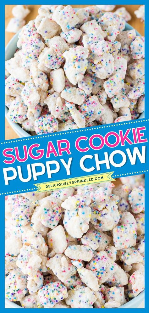 Sugar Cookie Puppy Chow, christmas treats, snack ideas Cinnamon Sugar Puppy Chow, Sugar Cookie Puppy Chow, Rainbow Puppy Chow, Halloween Puppy Chow Chex Mix Recipe, Sugar Cookie Chex Mix Recipe, Snickerdoodle Puppy Chow, Sugar Cookie Popcorn, Christmas Almond Bark Recipes, Almond Bark Chex Mix Recipes