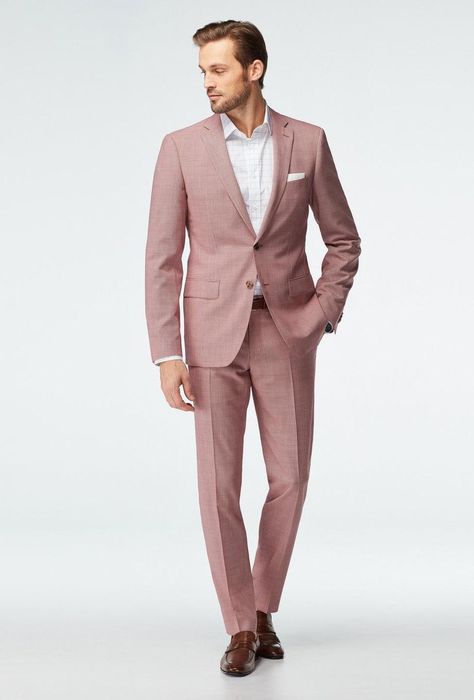 This colorful two-piece suit is made with 100% wool that's lightweight, soft, and luxurious. The muted red color is trendy and playful without feeling over the top—it's pretty much right on the money when it comes to summer wedding guest attire for men. - Click to shop directly from WeddingWire! Wedding Guest Men, Wedding Guest Suits, Wedding Guest Outfit Inspiration, Summer Wedding Suits, Formal Wedding Attire, Terno Slim, Muted Red, Mens Wearhouse, Summer Wedding Guests