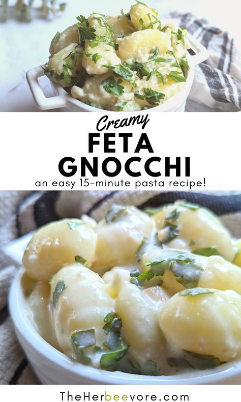 This feta gnocchi recipe features soft pillowy gnocchi tossed in a bright and flavorful feta cheese sauce with lemon and parsley. A 20-minute dinner that is easy enough for a weeknight meal, but fancy enough to enjoy on a special occasion.

 The creamy sauce is made by sautéing olive oil, garlic, feta cheese, and adding in some of the gnocchi cooking water to thicken the sauce without using cream. You can add in your favorite herbs to finish this dish - and top it off with extra feta cheese for Gnocchi Feta, Feta Gnocchi, Feta Cheese Sauce, 20 Minute Dinners, Creamy Feta, Gnocchi Recipe, Olive Oil Garlic, Feta Recipes, Gnocchi Recipes