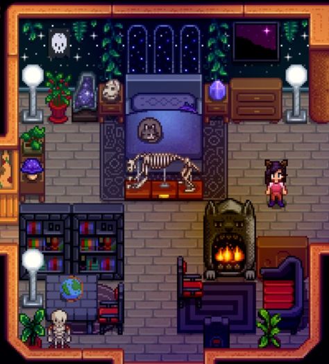 Stardew Valley bedroom idea :-) Stardew Valley Trellis Layout, Bedroom Design Stardew Valley, Stardew Krobus Room, Stardew Home Interior, Horse Stardew Valley, Stardew Valley House Interior Goth, Stardew Valley Dark House, Stardew Sewing Machine, Stardew Valley Bedroom Layout