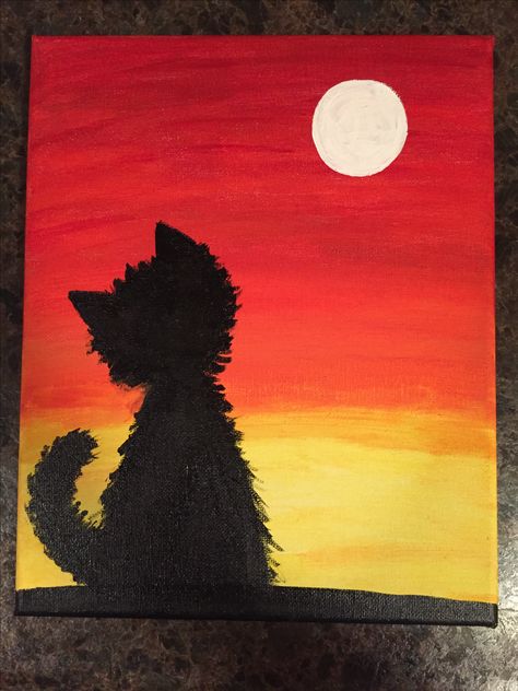 For Aunt Susan #cat #sunset Simple Cat Painting, Cat Sunset, Tinta Guache, Cute Easy Paintings, Drawing Guides, Painting Cat, Oil Pastel Drawings, Paint And Sip, Guided Drawing