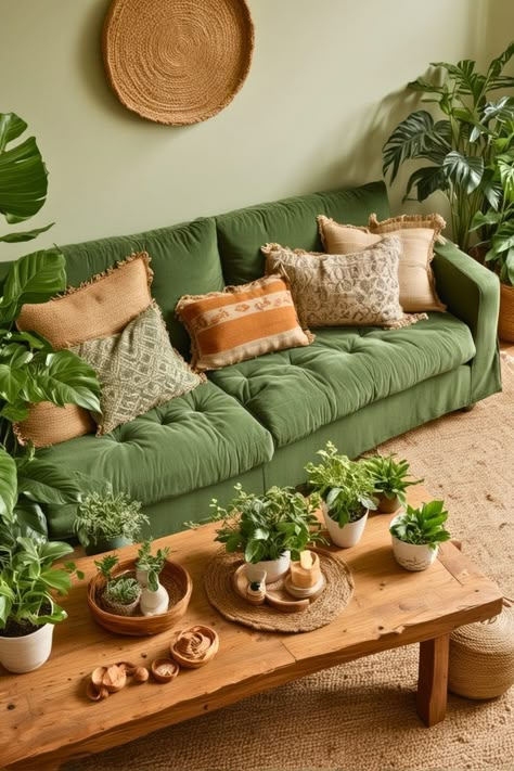 Earth Tone Living Room Green Couch, Green Lounge Decor, Light Green Couch Living Room, Green Velvet Couch Living Room Ideas, Cozy Green Living Room, Sage Green Couch Living Room, Forest Green Couch, Green Couch Aesthetic, Green Sofa Living Room Colour Schemes