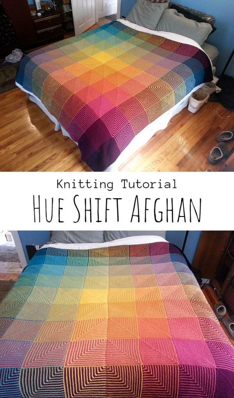 Hue Shifting Tutorial, Hue Shift Afghan, Knitted Blankets Squares Block Patterns, Knit Blanket Pattern Free, Knit Bedspread, Patchwork Afghan, Knit Afghan Patterns, Knitted Blanket Squares, Mitered Square