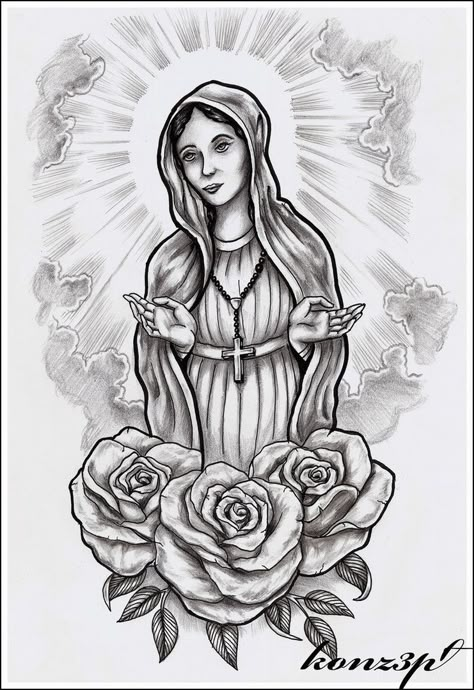 Holy Mary by konZ3pt on DeviantArt Mary Tattoos, Mother Mary Tattoos, Gotik Tattoo, Mother Mary Pictures, Virgin Mary Tattoo, Lady Guadalupe, Mexican Art Tattoos, Mary Tattoo, Mary Art